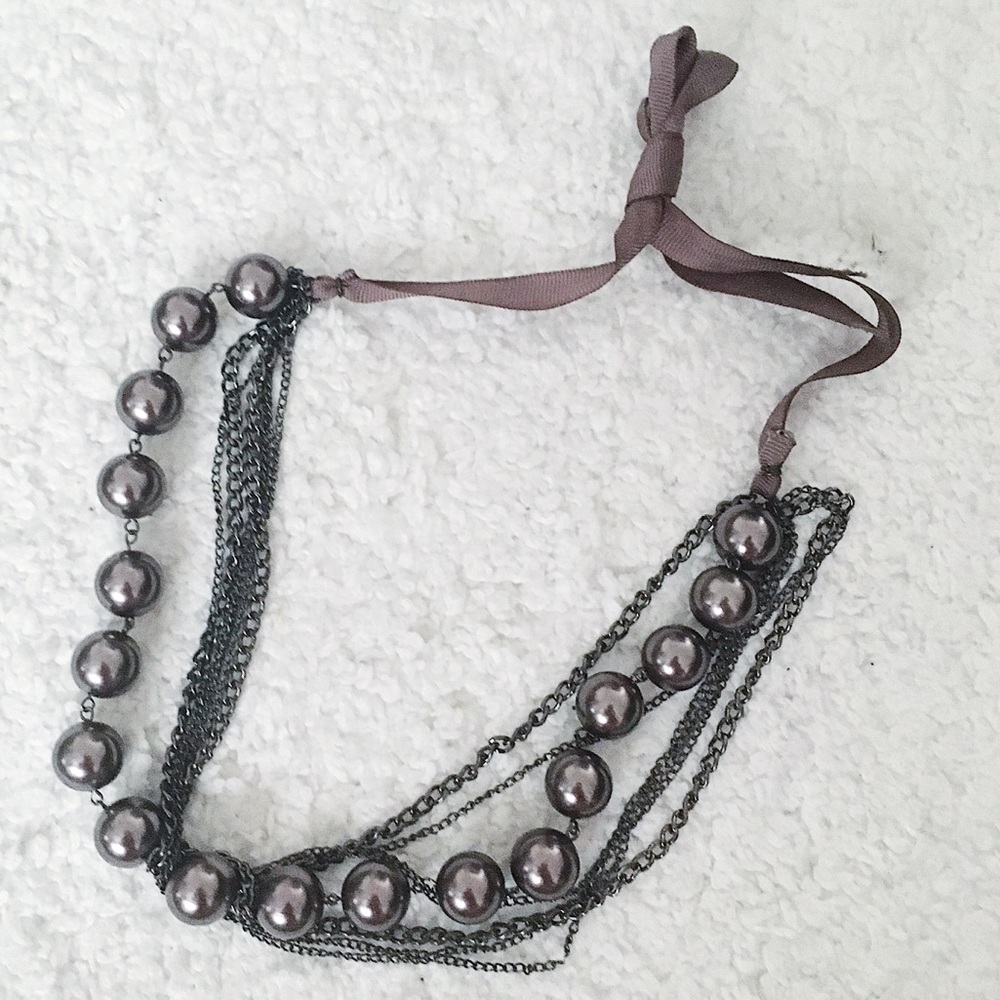 Faux Pearl Ribbon Necklace - Brown